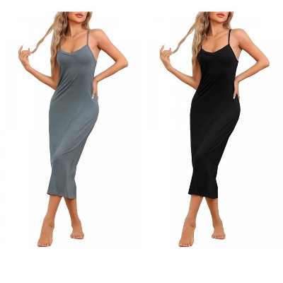 cheibear Women's Modal V Neck Adjustable Spaghetti Strap Chemise Sleep Dress