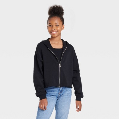 Girls' Boxy Cropped Zip-up Hoodie Sweatshirt - Art Class™ Black L