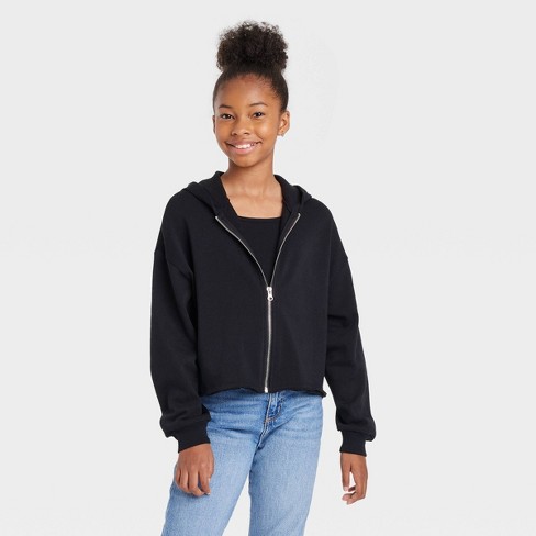 Girls' Boxy Cropped Zip-up Hoodie Sweatshirt - Art Class™ Black L : Target