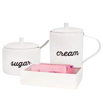 AuldHome Design Enamel Cream and Sugar Set; Rustic Farmhouse Set w/ Sweetener Packet Holder, Sugar Bowl, Spoon and Cream Pitcher