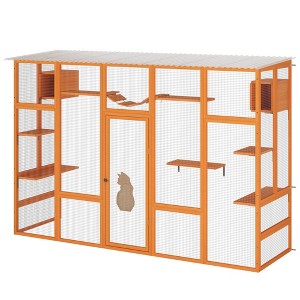 FURNIinspire Pet Crates and Houses, Cat Enclosure,  6 Jumping Platforms, 2 Cat Condos, Cat Bridge and Scratching Board, Orange, 104.3"*35.4"*72.1" - 1 of 4
