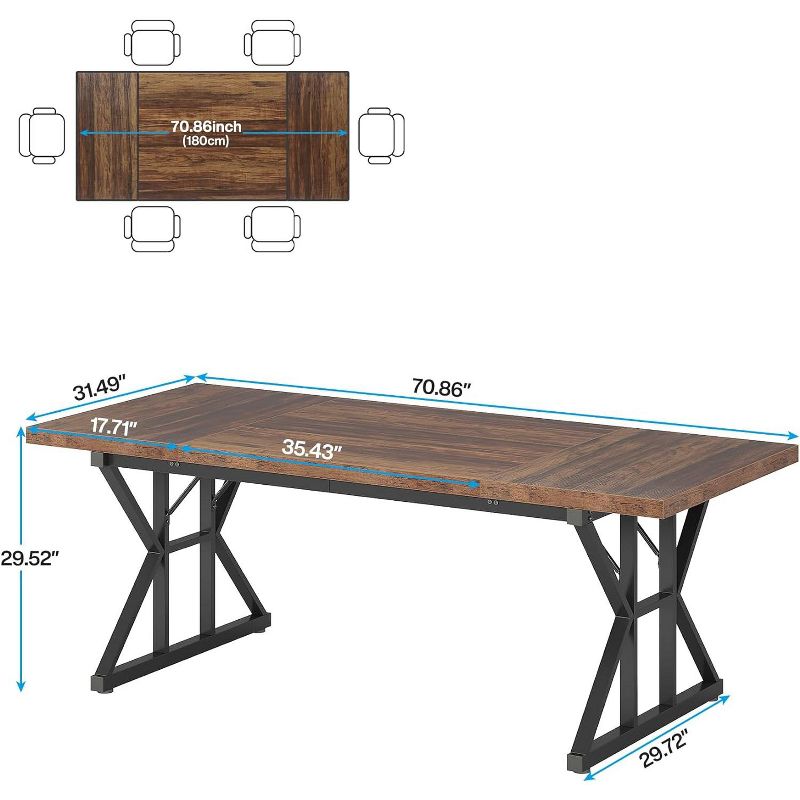 Tribesigns 70.8-inch Farmhouse Dining Table for 6 People, Rectangular Wood Kitchen Table with Heavy Duty Metal Legs for Dining Room, 3 of 10