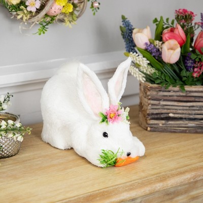 White Plastic Easter Bunny Figurine with Floral Crown and Carrot
