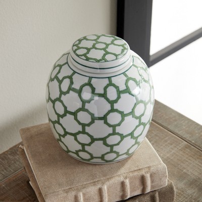 Plum & Post 5.5" Imperial Link Chinoiserie Green & White Porcelain Lidded Jar Accent Piece