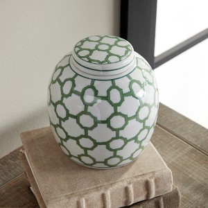 Plum & Post 5.5" Imperial Link Chinoiserie Green & White Porcelain Lidded Jar Accent Piece - 1 of 4