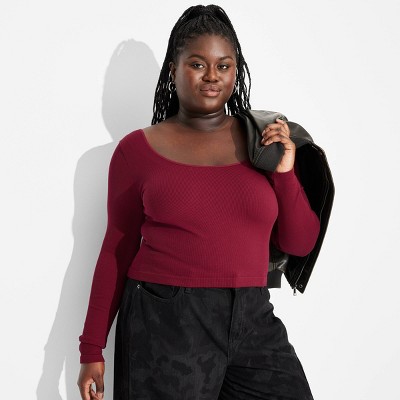 Women's Long Sleeve Seamless Double Scoop Neck Top - Wild Fable™