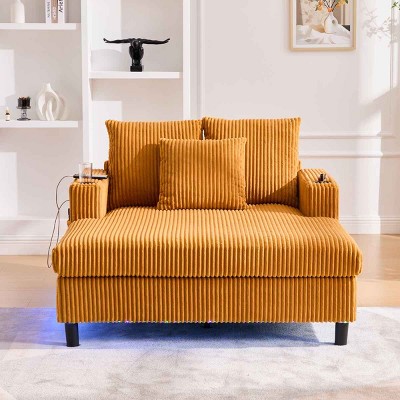 Oversized Recliner Sofa with 3 Pillows and Side Pocket, Single Sofa with USB and RGB LED Lights, Corduroy Sofa with Wood Frame-Coolbibila
