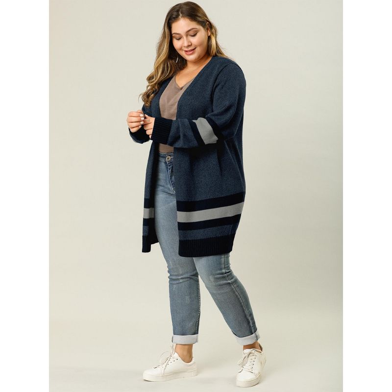 Agnes Orinda Women's Plus Size Multi Striped Open Front Sweater Cardigan, 3 of 8
