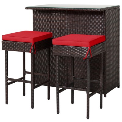 Tangkula 3PCS Patio Wicker Rattan Bar Set Table w/2 Cushioned Stools