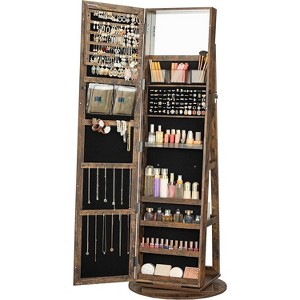 360° Swivel Jewelry Cabinet with Full-Length Mirror, Lockable Rustic Organizer with Interior Storage, Brown - 1 of 4