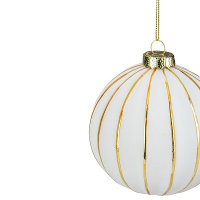 4" White and Gold Striped Glass Christmas Ornament
