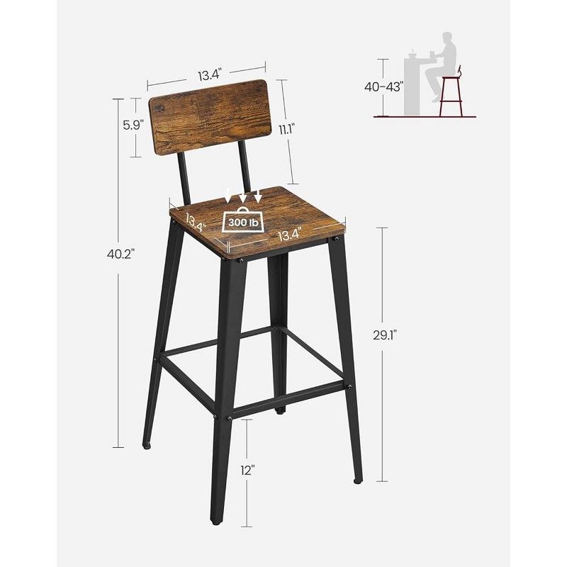 VASAGLE Set of 2 Bar Stools, Bar Height Stools, Tall Bar Stools with Back, Bar Chairs, Steel Frame, Industrial Style, Rustic Brown and Black, 3 of 5