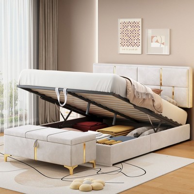 NicBex Queen Upholstered Bed Frame with Ottoman and Lift Up Storage,Platform Bed Frame with Black and Gold Headboard,No Box Spring Needed,Beige