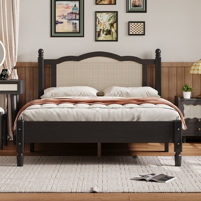 NicBex Full/Queen Vintage Platform Bed Frame with Natural Rattan Headboard and Footboard,No Box Spring Needed,Solid Pine Wood,Black/Walnut