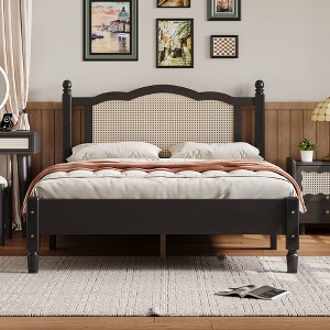NicBex Full/Queen Vintage Platform Bed Frame with Natural Rattan Headboard and Footboard,No Box Spring Needed,Solid Pine Wood,Black/Walnut - 1 of 4
