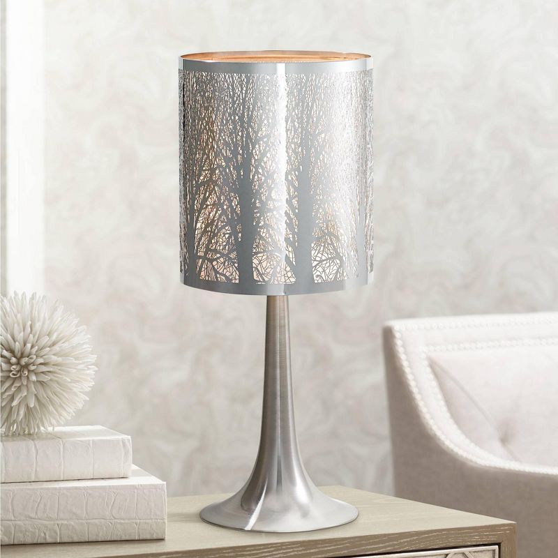 Possini Euro Design Modern Accent Table Lamp 19" High Chrome Metal Laser Cut Tree Branch Drum Shade for Bedroom Living Room House Bedside Nightstand, 2 of 6
