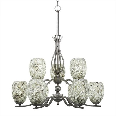 Toltec Lighting Revo 9 - Light Chandelier in  Aged Silver with 5" Natural Fusion Shade