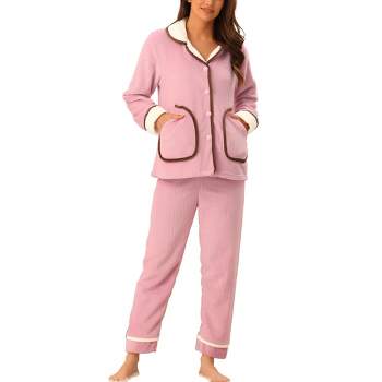 cheibear Women's Flannel Fleece Button Down Top with Pockets Winter Pajama Sets