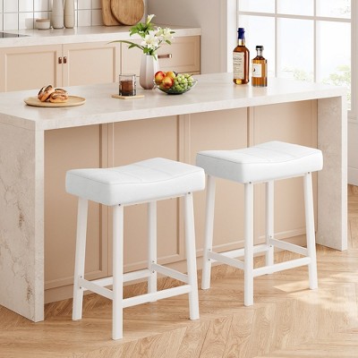 Whizmax 24 Inch White Backless Saddle Barstools Set of 2, Counter Height Upholstered Padded Barstools with Curved Surface, Metal Leg and Footrest