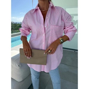 Striped Button Down Shirt for Women Oversized Long Sleeve Fall Top Casual Loose Work Blouse with Chest Pocket - 1 of 4
