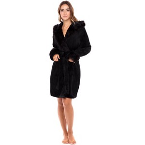 ADR Women's Faux Fur Feather Hooded Robe, Soft Plush Fleece Knee Length Bathrobe with Hood - 1 of 4