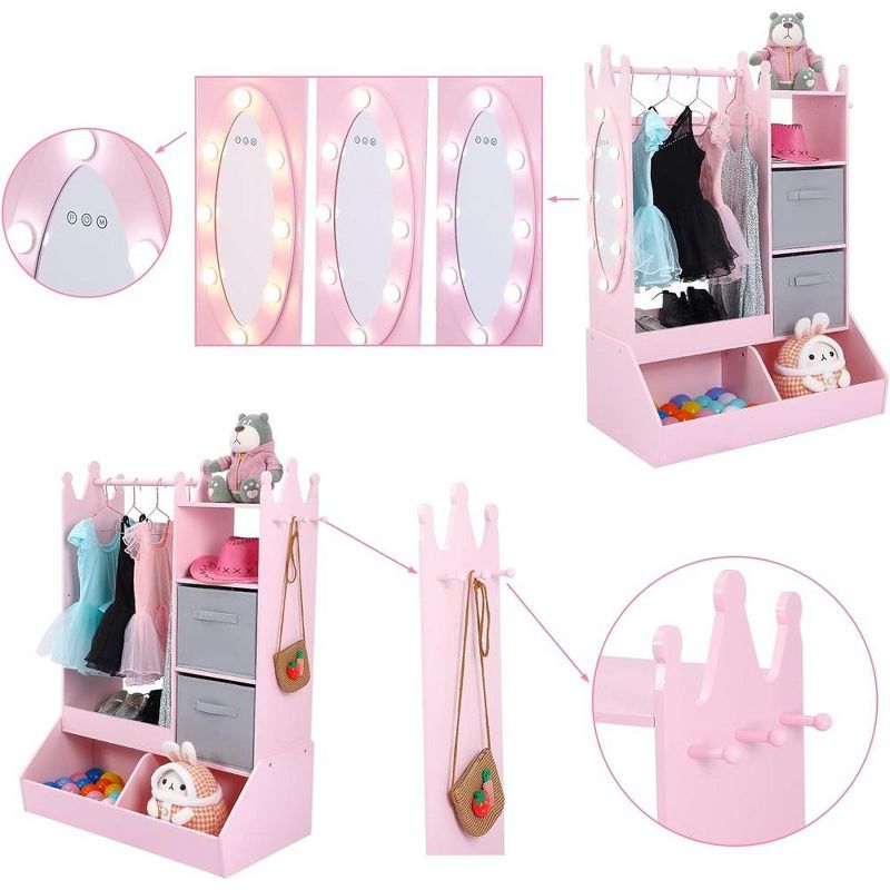 Kid Clothes Hanger with Lighted Mirror Girl Dress-Up Storage Armoire Clothing Rack and Storage Bin, 3 of 7