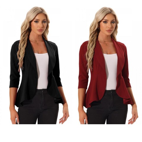 INSPIRE CHIC Women's Draped Collar 3/4 Sleeve Ruffle Hem Work Office Open Front Blazer 2 Packs Black/Red Small