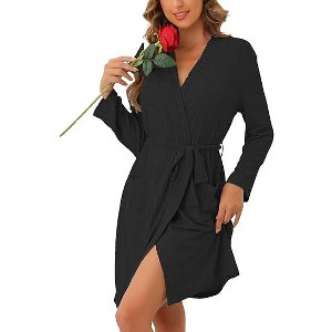 Ekouaer Women Robe Ribbed Knit Soft Bathrobe Knee Length Robes Stretchy Short Sleepwear with Pockets - 1 of 4