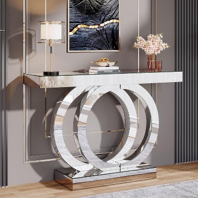 Silver Mirrored Glass Console Table with Crystal Inlays, 43-Inch