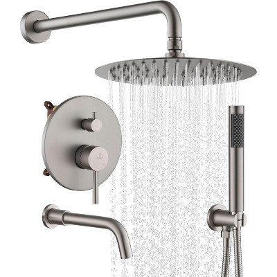 CASAINC 10" Inch Wall Mounted Round Shower System Set with Handheld Spray & Tub Spout
