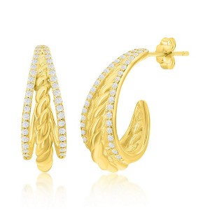 Bella Silver Sterling Silver, Triple Row CZ & Twist Design Half Hoop Earrings - Gold Plated - Gold - 1 of 2