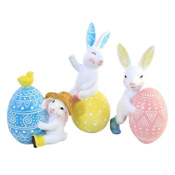 Easter Bunny With Egg Figurine  -  Three Bunny Figurines 6.75 Inches -  Rabbit Chick Decor  -  A7507  -  Polyresin  -  Multicolored