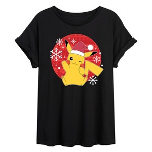 Women's - Pokémon - Pikachu Santa Hat Ugly Sweater Oversized Graphic T-Shirt - 1 of 4