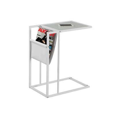 Monarch Specialties Accent Table, C-shaped, End, Side, Snack, Magazine Storage, White Leather Look, White Metal
