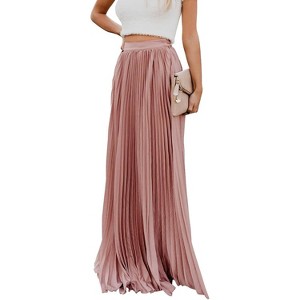 Women's High Waist Skirt, Flowy Chiffon Pleated Maxi Skirt Pink - 1 of 4