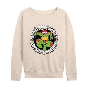 Women's - Teenage Mutant Ninja Turtles - Have A Turtley Awesome Holiday Lightweight French Terry Wide Neck Long Sleeve Shirt - 1 of 4