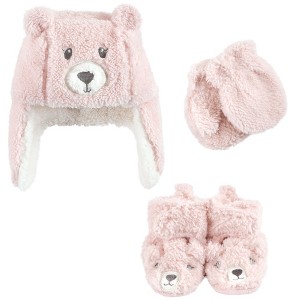Hudson Baby Infant Girl Trapper Hat, Mitten and Bootie Set, Pink Bear - 1 of 4