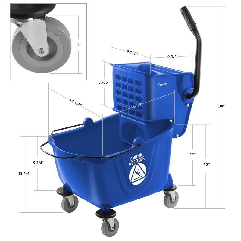 Dryser 26 Quart Commercial Mop Bucket with Side Press Wringer, 5 of 8