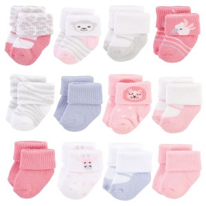 Hudson Baby Infant Girl Cotton Rich Newborn and Terry Socks, Girl Safari, 0-3 Months - 1 of 4