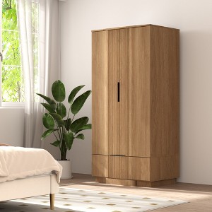 Brafabhome 64" Fluted Armoire Wardrobe Closet with Drawer, 2 Doors Wooden Wardrobe Cabinet with Adjustable Shelf, Modern Armoires for Clothes Coats - 1 of 4