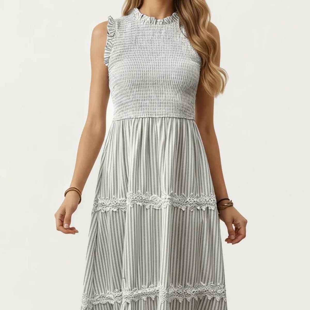 Anna-Kaci Women's Sleeveless Smocked Midi Dress with Ruffle Armholes and Lace Trim Panels - thumbnail 9