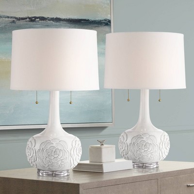 Natalia 27" Tall White Ceramic Floral Table Lamps Set with Fabric Shades