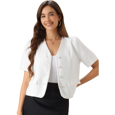 INSPIRE CHIC Women's Tweed Collarless Office Cropped V Neck Short Sleeve Blazer