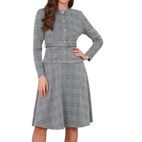 Женские платья INSPIRE CHIC Women's Vintage Long Sleeve Crew Neck A Line Houndstooth Work Belt Dress Large Black White
