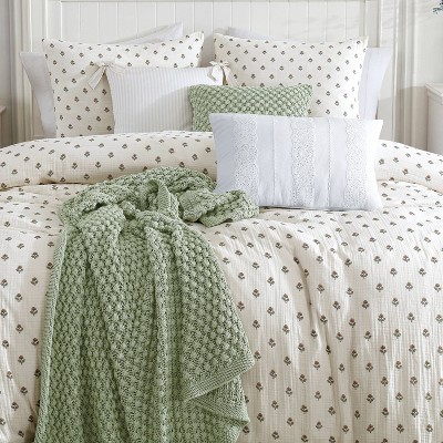 Ivory Floral Cotton Full/Queen Comforter and Sham Set