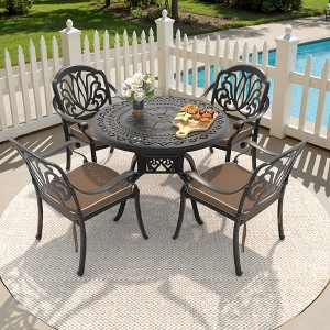5-Piece Cast Aluminum Outdoor Dining Set with Brown Cushions, Round Table & Stackable Chairs - for Patio, Backyard - 1 of 4