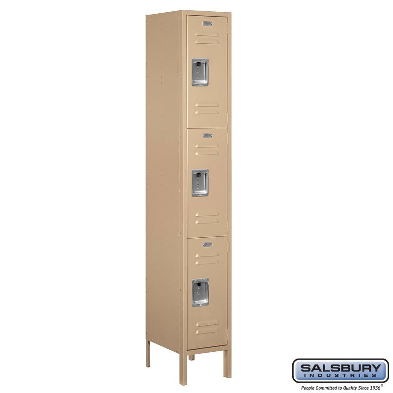 Salsbury Industries Assembled 3-Tier Standard Metal Locker with One Wide Storage Unit, 6-Feet High by 15-Inch Deep, Tan, 1 of 3