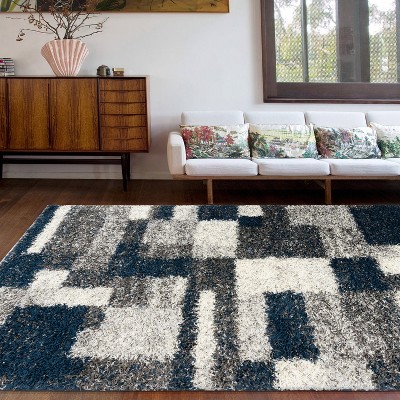Navy and Gray Rectangular Synthetic Shag Area Rug 7'10" x 10'
