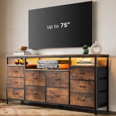 Coolmee 63.3 Inch 10 Drawer Dresser TV Stand for 65 70 75 Inch TV, Fabric Chest of Drawers with LED Light & Power Outlet, Long Entertainment Center
