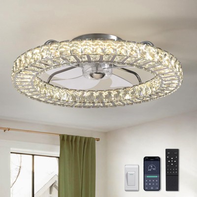 Ludomide 22" Flush Mount Ceiling Fan with Light, Modern Crystal Chandelier Fan, Smart 4-Light Color Change LED Fandelier, Low Profile Design